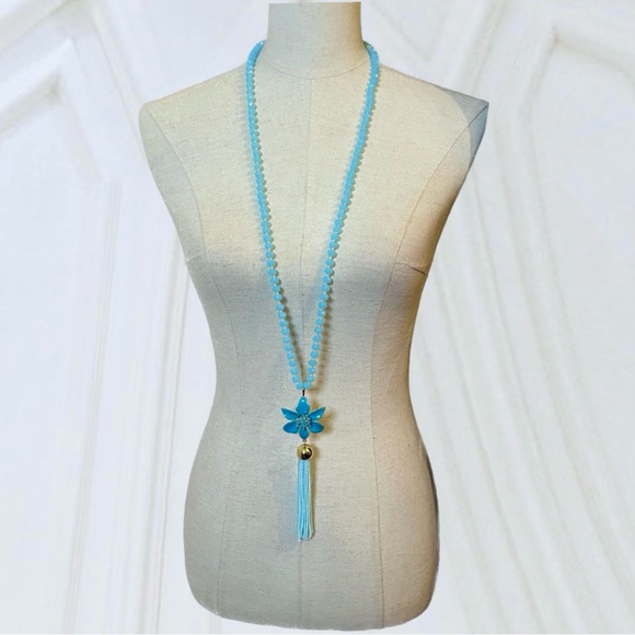 Kate Spade Turquoise Lovely Lillies Glass Beaded Beads Tassel Necklace - Picture 2 of 6